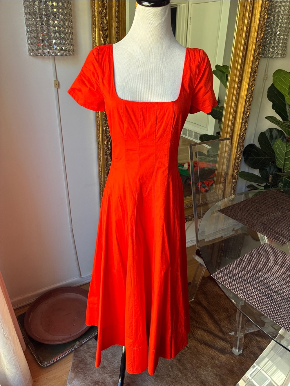 STAUD Vibrant orange Square-Neck Midi Dress size 4